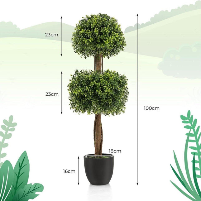 Umělý zimostráz 100 cm se 2 kulovými korunami a plastovým květináčem s cementem