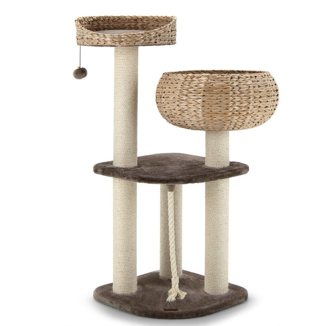 104cm Wooden Cat Tree with Beds & Toy Ball & Rope & Sisal Wrapped Columns
