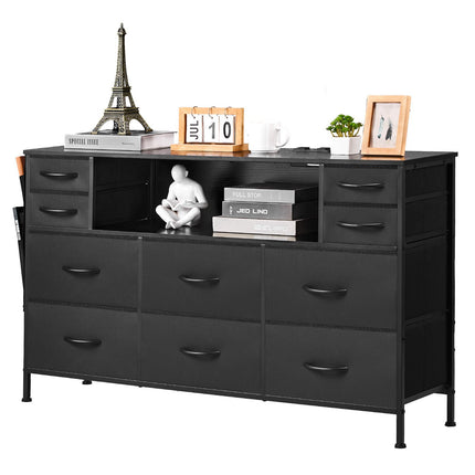 10-Drawer Fabric Dresser with LED Lights and Outlet, Black