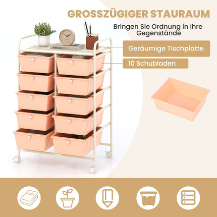 Pojízdný úložný vozík s 10 zásuvkami, růžová, kovový rám