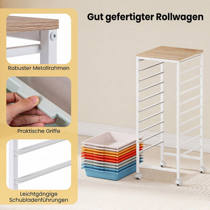 10-Drawer Rolling Storage Cart with Wooden Top & Wheels