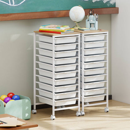 10-Drawer Rolling Storage Cart with Wooden Top, White