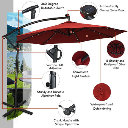 Boční slunečník 10ft se solárními LED, náklon 360, vínová