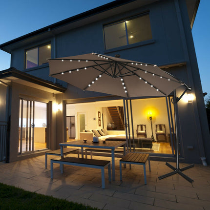 Boční slunečník 10ft se solárními LED, náklon 360, světle hnědá