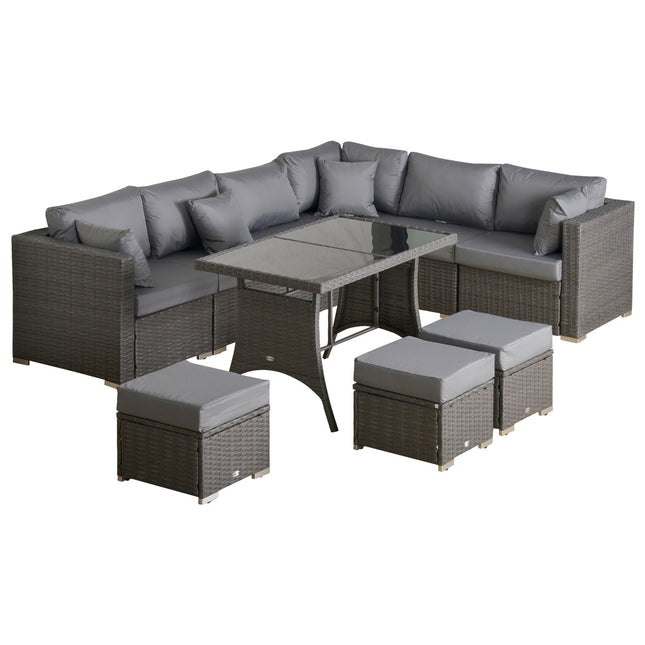 10 stuks Rotan zitgroep, met hoekstoelen, tafel, krukken, zit- en rugkussens, PE rotan, polyester, 120 x 68 x 73 cm, donkergrijs |