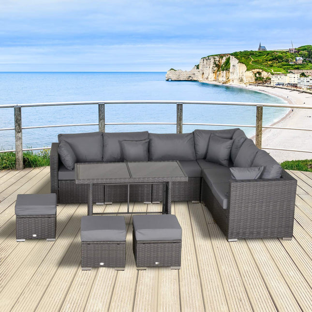 10 stuks Rotan zitgroep, met hoekstoelen, tafel, krukken, zit- en rugkussens, PE rotan, polyester, 120 x 68 x 73 cm, donkergrijs |