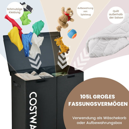 115L Laundry Hamper, 2 Sections, Fabric, Lid & Handles