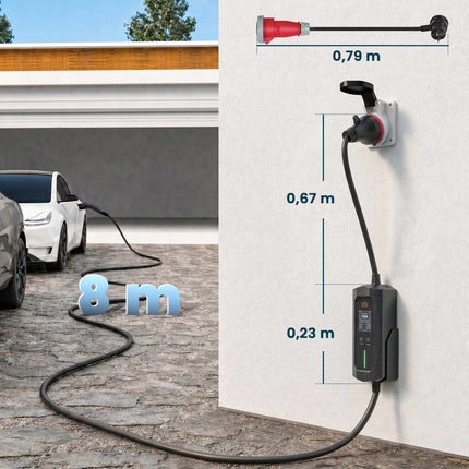 11kW Type 2 EV Charger, 8m Cable, Adjustable Power