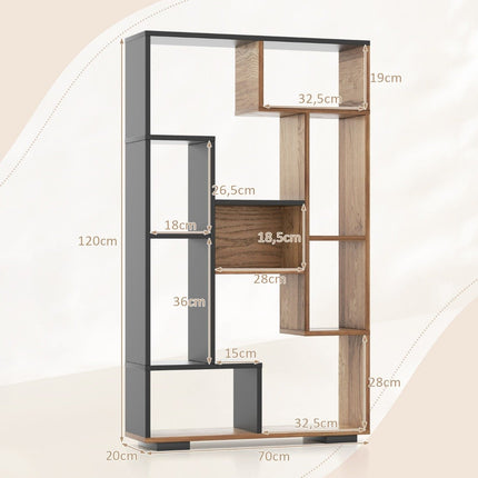 Knihovna 120cm s 9 přihrádkami, stojací regál a dělič prostoru, geometrická, černá a dřevo