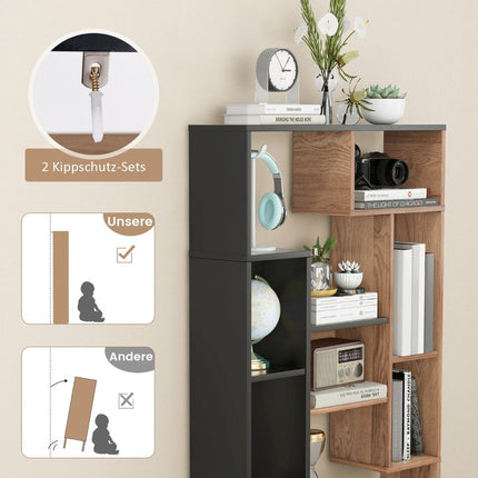 Knihovna 120cm s 9 přihrádkami, stojací regál a dělič prostoru, geometrická, černá a dřevo