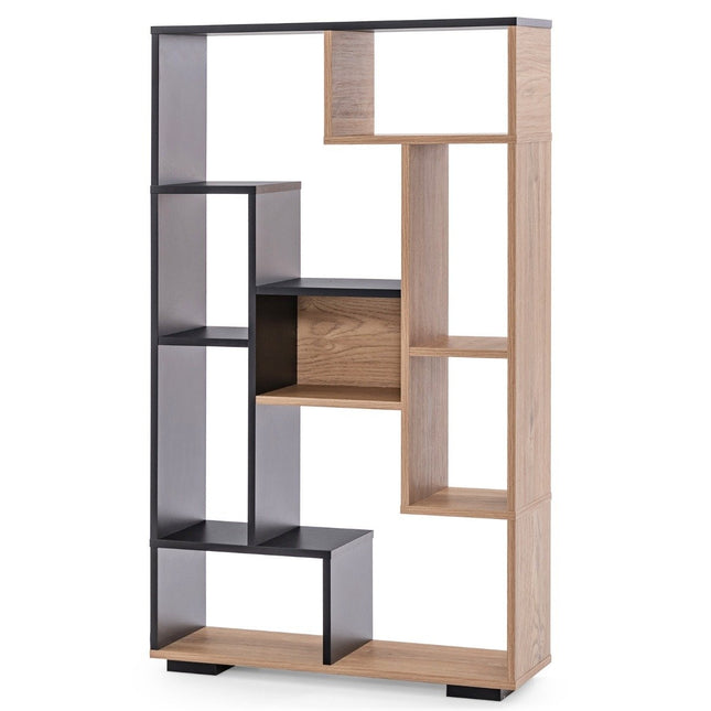 Knihovna 120cm s 9 přihrádkami, stojací regál a dělič prostoru, geometrická, černá a dřevo