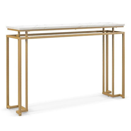 Konzolový stolek 120 cm s deskou v imitaci mramoru a geometrickým kovovým rámem, stolek do předsíně, zlatá
