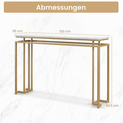 Konzolový stolek 120 cm s deskou v imitaci mramoru a geometrickým kovovým rámem, stolek do předsíně, zlatá