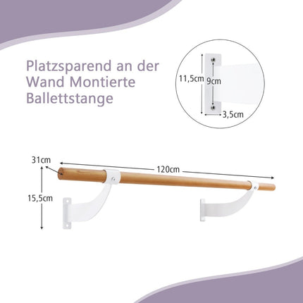 Dřevěná baletní tyč 120 cm včetně nástěnných držáků, taneční tyč, přírodní