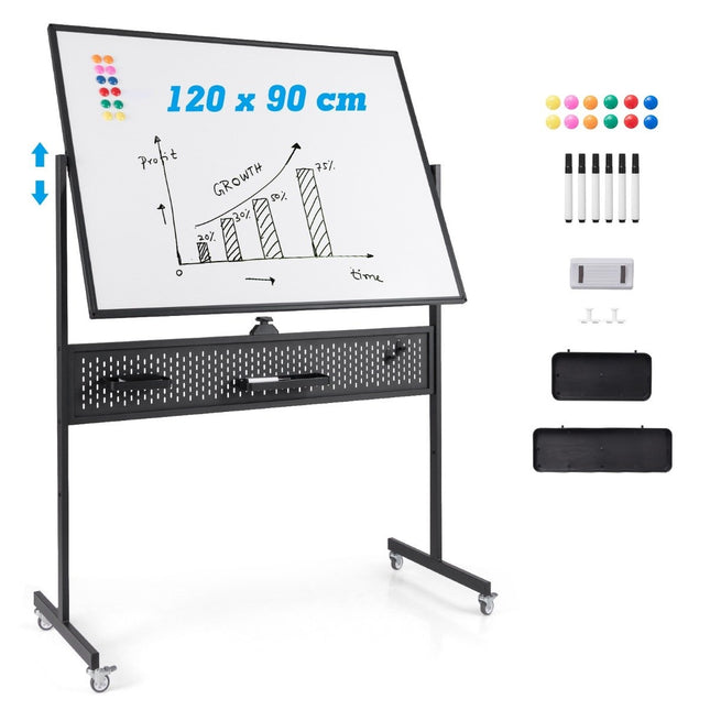 120 x 90 cm dubbelzijdig mobiel whiteboard met prikbord, rollen en zwarte standaard