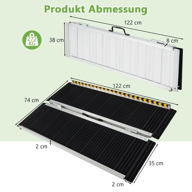 Rolstoelhelling 122 x 74 cm, draagbare en antislip opvouwbare helling, belastbaar tot 272 kg, aluminium