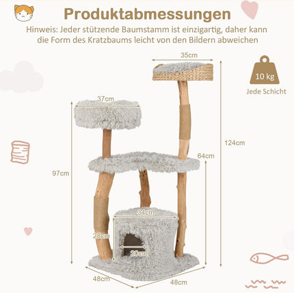 Kočičí strom 124 cm s dřevěnou konstrukcí, jutovými sloupky a plyšovým lehátkem