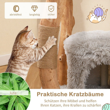 Kočičí strom 124 cm s dřevěnou konstrukcí, jutovými sloupky a plyšovým lehátkem