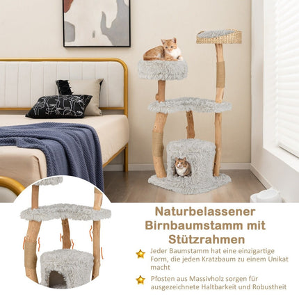 Kočičí strom 124 cm s dřevěnou konstrukcí, jutovými sloupky a plyšovým lehátkem