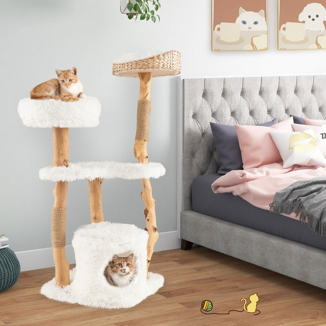 Dřevěný kočičí strom 124 cm s jutovými škrabadly