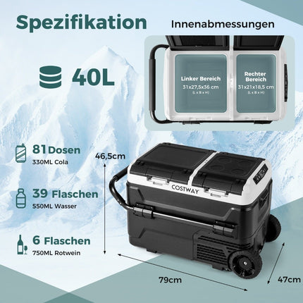 Autochladnička 12V se 2 chladicími zónami, přenosná mraznička 40L s kompresorem (-20℃~20℃)
