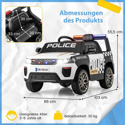12V Children's Electric Car Police Electric Children's Car with Remote Control Electric Car for Children from 3 Years White