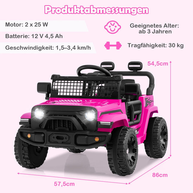 Dětské elektrické auto 12V s ovladačem, hudbou a LED světly, růžová