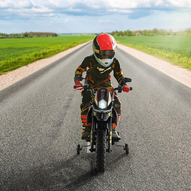 Dětská elektrická motorka 12V s pomocnými kolečky, černá