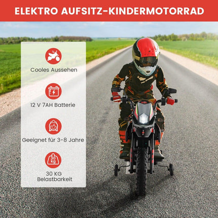 Dětská elektrická motorka 12V s pomocnými kolečky, červená