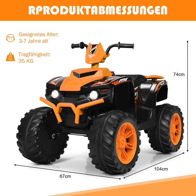 Dětská elektrická čtyřkolka 12V se světly, hudbou a klaksonem, oranžová