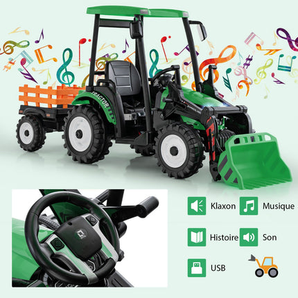 Dětský traktor 12V s vlečkou, radlicí a dálkovým ovládáním