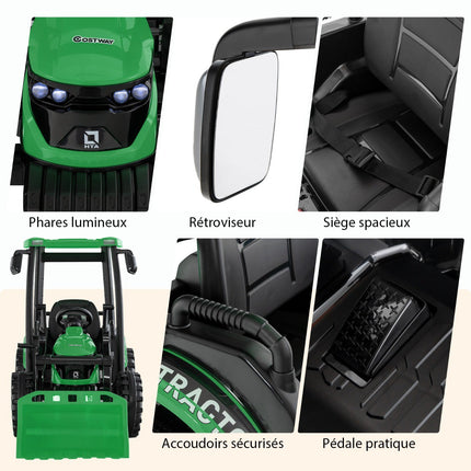 Dětský traktor 12V s vlečkou, radlicí a dálkovým ovládáním