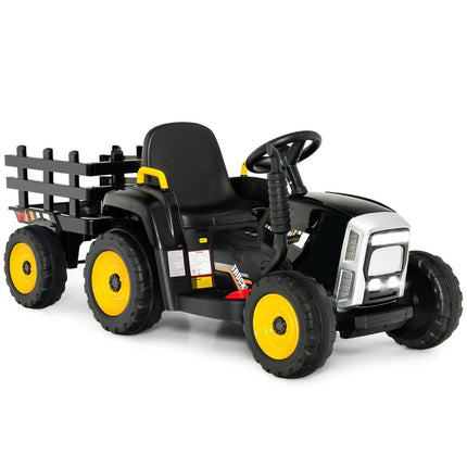 Dětský traktor 12V s odnímatelnou vlečkou a dálkovým ovládáním, elektrické vozítko, černá