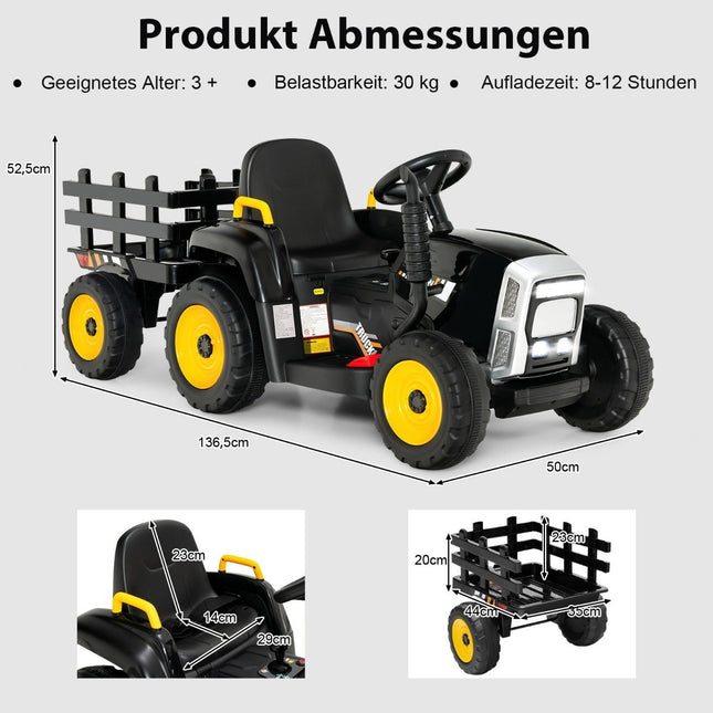 Dětský traktor 12V s odnímatelnou vlečkou a dálkovým ovládáním, elektrické vozítko, černá