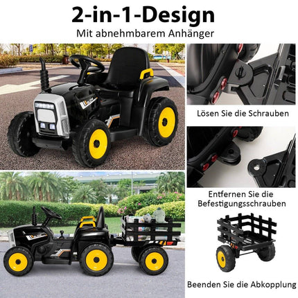 Dětský traktor 12V s odnímatelnou vlečkou a dálkovým ovládáním, elektrické vozítko, černá