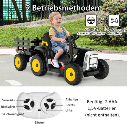 Dětský traktor 12V s odnímatelnou vlečkou a dálkovým ovládáním, elektrické vozítko, černá