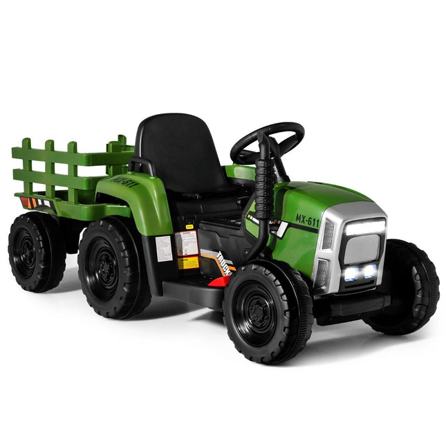 Dětský traktor 12V s odnímatelnou vlečkou a dálkovým ovládáním, elektrické vozítko, zelená