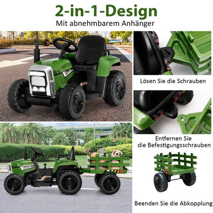 Dětský traktor 12V s odnímatelnou vlečkou a dálkovým ovládáním, elektrické vozítko, zelená