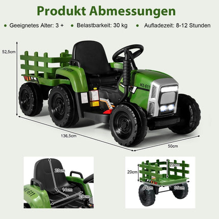 Dětský traktor 12V s odnímatelnou vlečkou a dálkovým ovládáním, elektrické vozítko, zelená