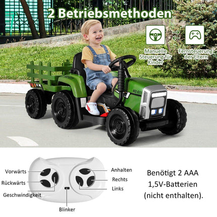 Dětský traktor 12V s odnímatelnou vlečkou a dálkovým ovládáním, elektrické vozítko, zelená
