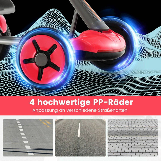 Dětská elektrická motokára 12V s LED, dvoupolohově nastavitelným volantem a osvětlením sedačky, červená