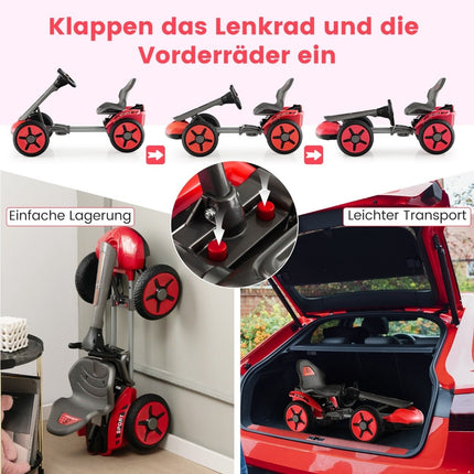 Dětská elektrická motokára 12V s LED, dvoupolohově nastavitelným volantem a osvětlením sedačky, červená