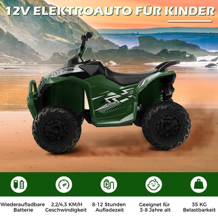 Dětská elektrická čtyřkolka 12V s rychlostí 2.2/4.3 KM/H, klaksonem, hudbou a LED světly, zelená