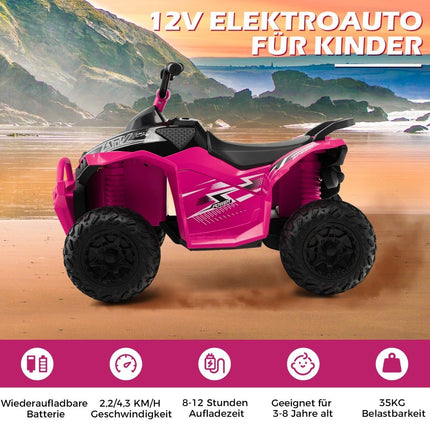 Dětská elektrická čtyřkolka 12V s rychlostí 2.2/4.3 KM/H, klaksonem, hudbou a LED světly, růžová