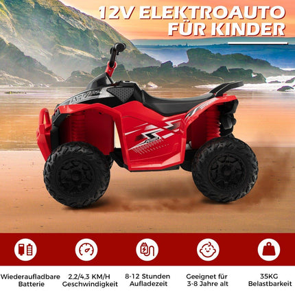 Dětská elektrická čtyřkolka 12V s rychlostí 2.2/4.3 KM/H, klaksonem, hudbou a LED světly, červená
