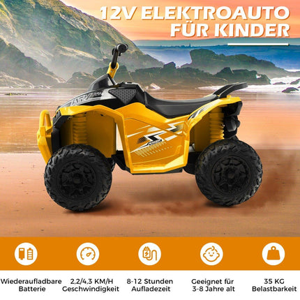 Dětská elektrická čtyřkolka 12V s rychlostí 2.2/4.3 KM/H, klaksonem, hudbou a LED světly, žlutá