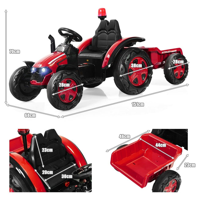Dětský elektrický traktor 12V s odnímatelným vlekem 151 x 68 x 70 cm, červený
