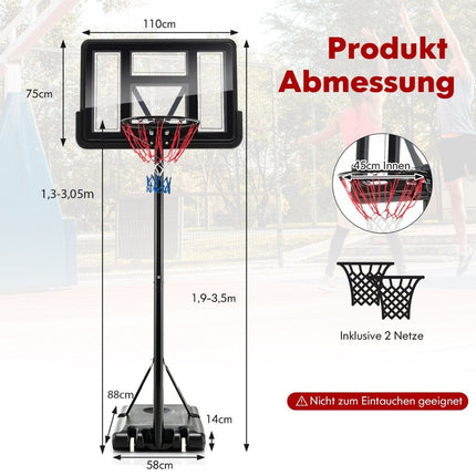 Výškově nastavitelný basketbalový koš se stojanem 130 cm - 305 cm a 2 kolečky, černý