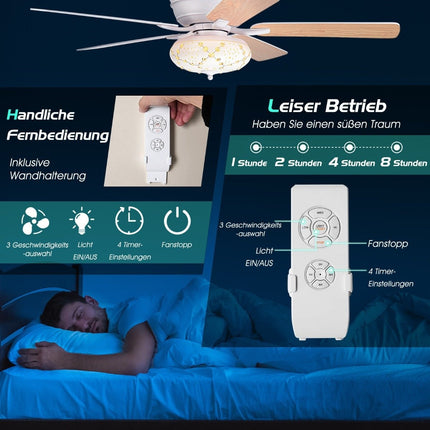 132cm ceiling fan wood with lighting reversible fan with lamp 4H timer white