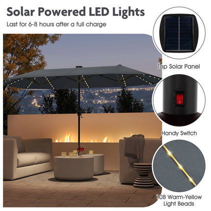 13 Ft Double-Sided Patio Umbrella – Solar LED, Crank